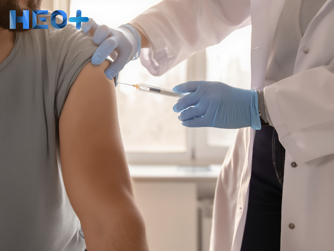 Врач ставит инъекцию в плечо пациенту